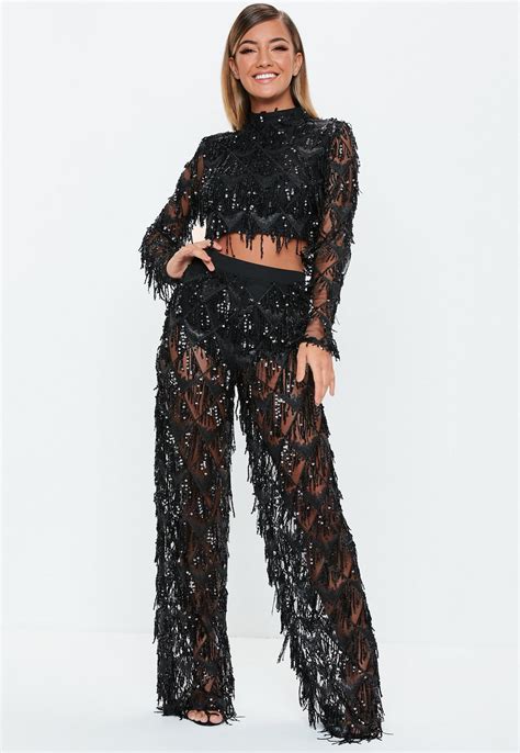 black fringe sequin mesh pants missguided