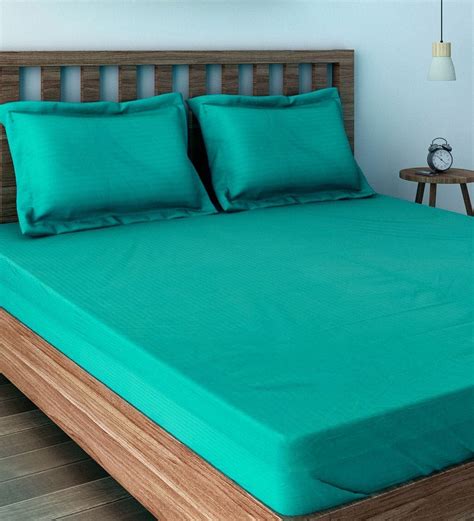 buy teal cotton tc fitted queen size bedsheet   pillow covers  swayam  solid