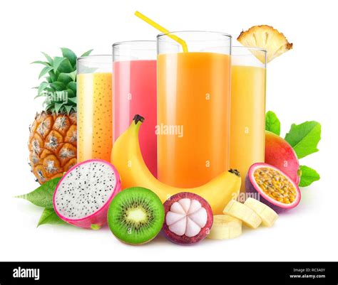 isolated juices glasses  fresh juice  pile  tropical fruits