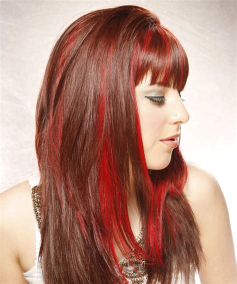 Long Straight Bright Red Hairstyle With Blunt Cut Bangs