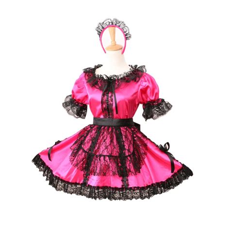 locking satin sissy maid dress uniform cosplay costume rose red ebay