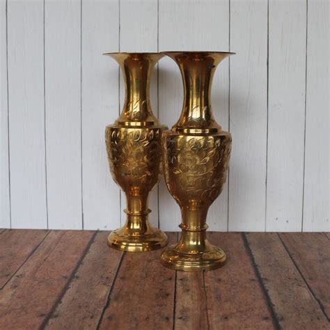 vintage brass vase set   matching  brass vases  etched floral