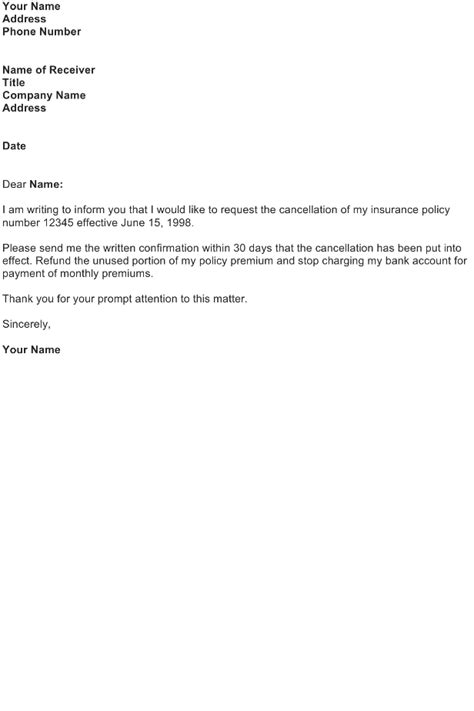 cancellation  insurance policy sample letter