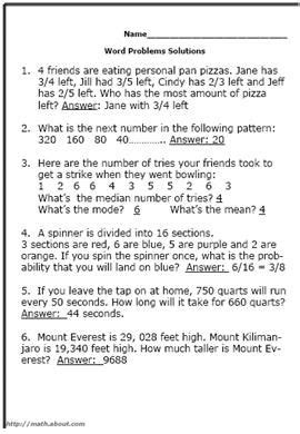 printable  grade math word problem worksheets