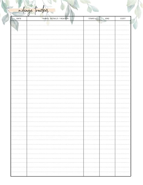 printable mileage log template