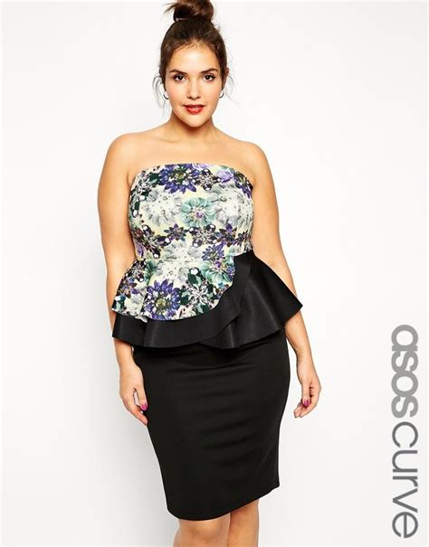 asos exclusive bandeau peplum dress  printed bodice shopstyle  sizes evening dresses