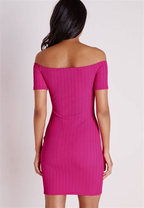 lyst missguided ribbed bardot bodycon dress hot pink in pink