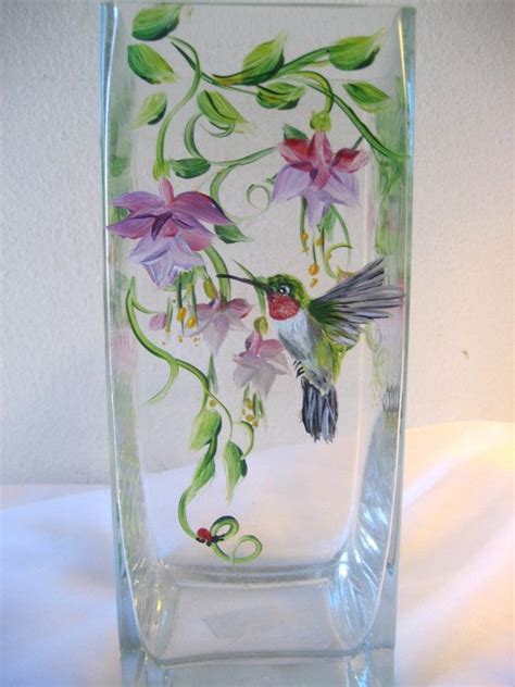Hand Painted Vase With Fuschia And Hummingbird Tall Size Etsy Hand