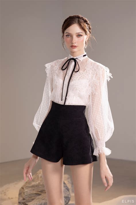 See Through Shirt Featuring Pussy Bow Collar Bishop Sleeves Embroide