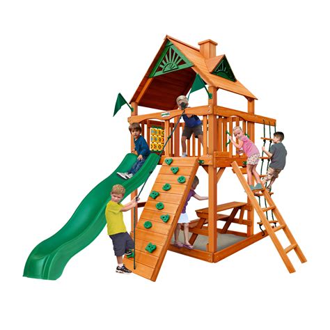 gorilla playsets chateau tower wooden playset  rock climbing wall rope ladder