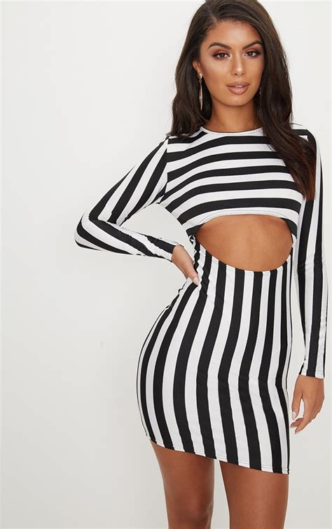 Monochrome Stripe Under Boob Long Sleeve Bodycon Dress