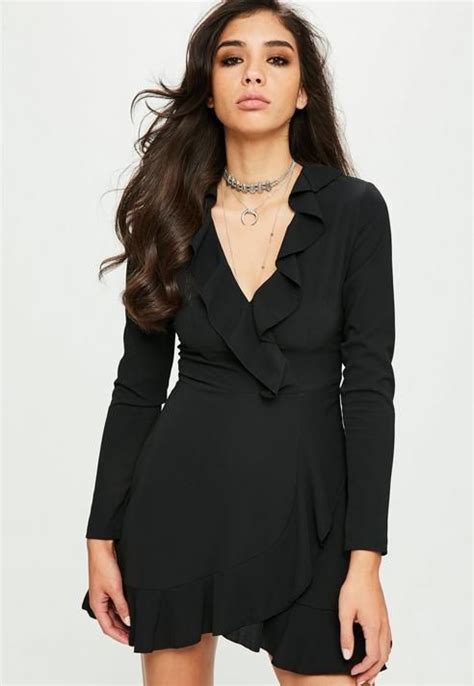 missguided black long sleeve ruffle tea dress women