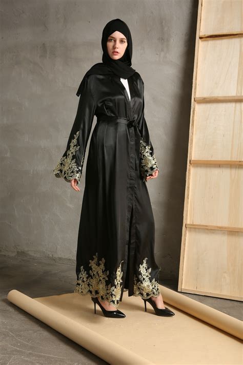 2018 fashion satin kaftan islamic black abaya turkish muslim maxi robe