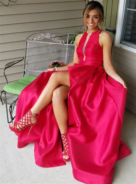 sexy side slit red satin long prom dresses illusion neck party gowns