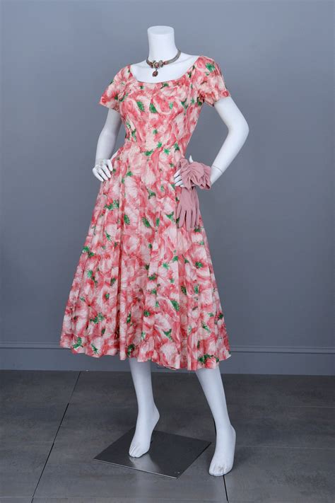 1950s Pink Retro Rose Print Silk Vintage Party Dress Vintagevirtuosa