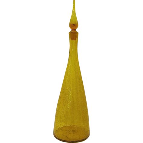 Mid Century Blenko Tall Yellow Crackle Glass Decanter From