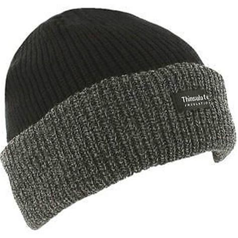 mens thinsulate lined insulated winter ski beanie hat black ribbed chunky ebay