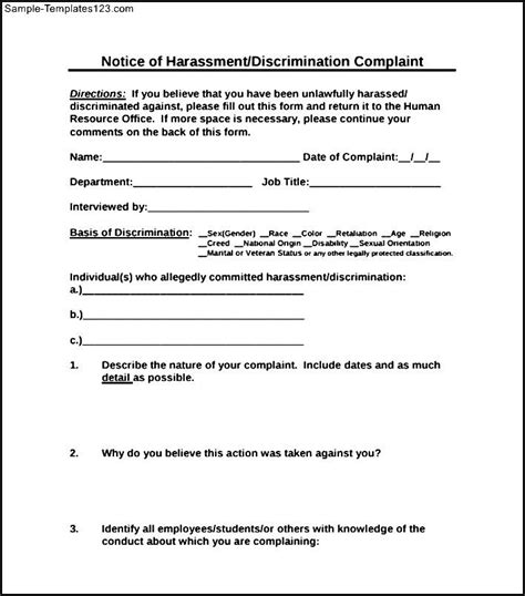 notice  harassment complaint form sample templates sample templates