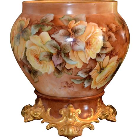 limoges outstanding jardiniere decorated  enormous yellow roses   love lee ruby