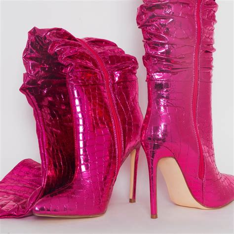 clermont twins baddie hot pink metallic faux croc print thigh high boots