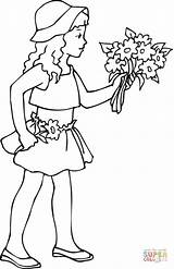 Coloring Girl Holding Flowers Bouquet Pages Drawing Printable Hand Line Flower Girls Main sketch template