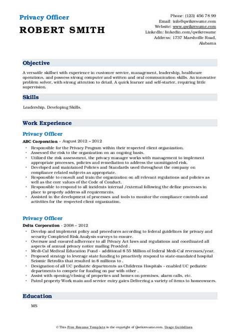 privacy officer resume samples qwikresume