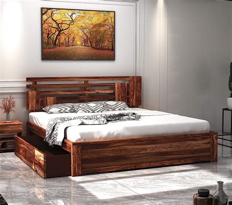 home edge sheesham wood aelinia queen size double bed  drawer