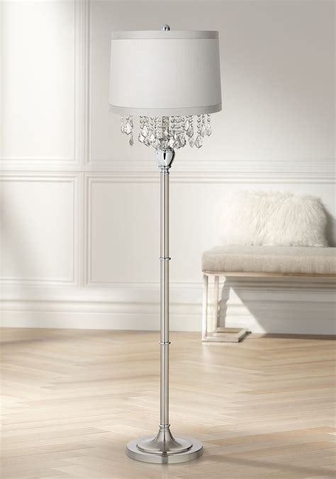 lighting traditional chandelier floor lamp satin steel chrome crystal  white fabric drum