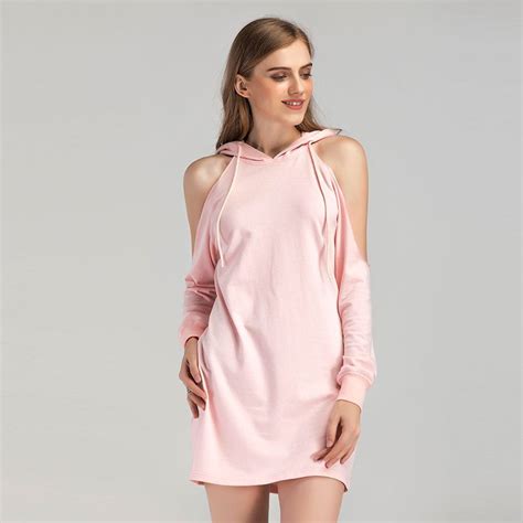 pink color long sleeve hoodies off shoulder sweatskirts dress