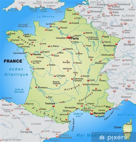 fotobehang kaart van frankrijk met de buurlanden pixersnl