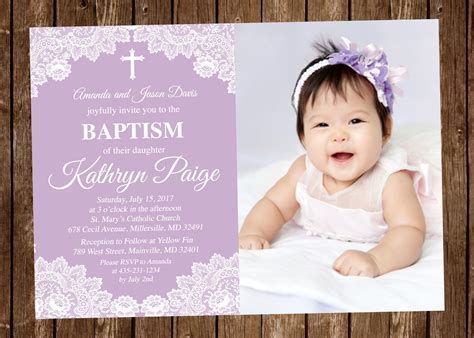 baptism invitation lace purple digital  printed christening invitations girl baptism