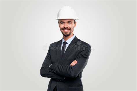 smiling engineer  suit  helmet stock photo image  success