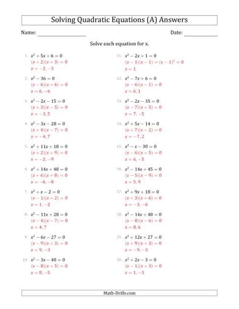 answer key solving quadratic equations  factoring worksheet answers