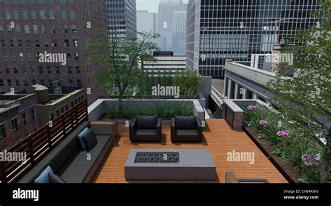 illustration  rooftop garden   high rise building stock
