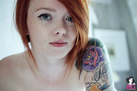 tattoos women redheads beds models green eyes piercings nude bedroom suicide girls