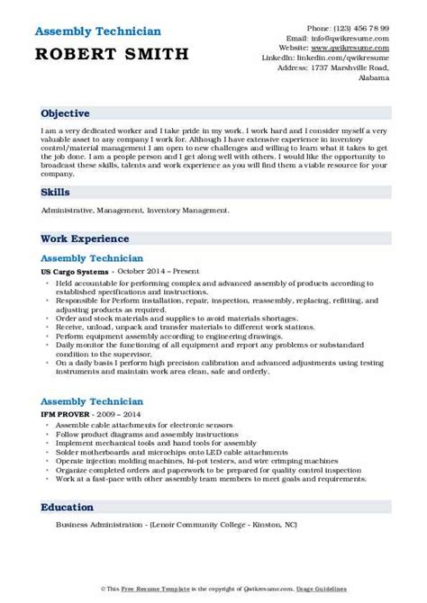 assembly technician resume samples qwikresume