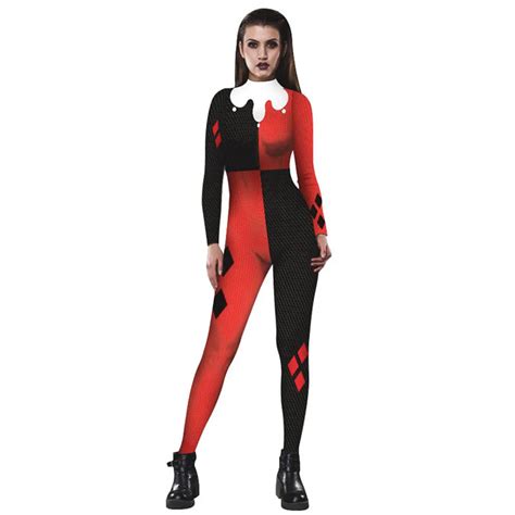 Harley Quinn Cosplay Jumpsuit Costume Black And Red Fitted Harlequin