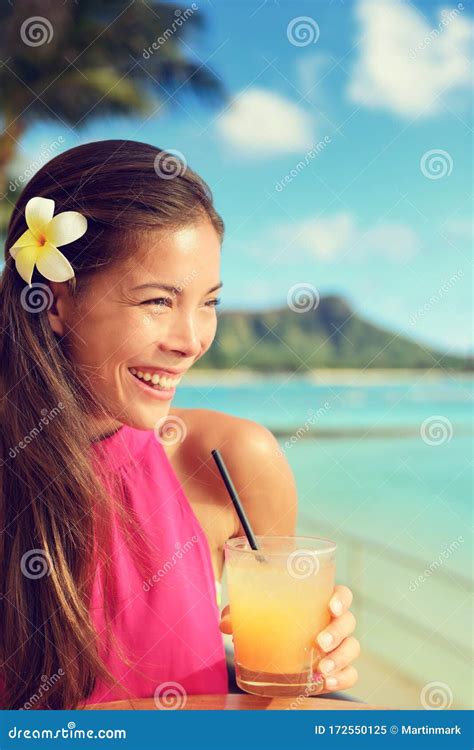 Cocktail Woman Drinking Mai Tai Drink At Outdoor Bar On Waikiki Beach