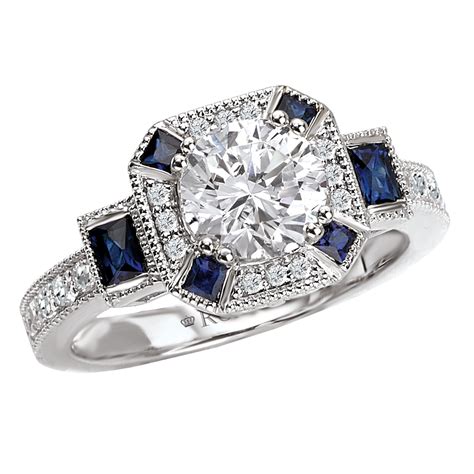 diamond sapphire engagement ring antique style  white gold