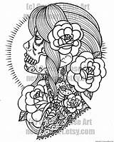 Skull Coloring Sugar Pages Printable Tattoo Girl Flowers Outline Book Print Woman Own Digital Rose Skulls Roses Flash Designs Mandala sketch template