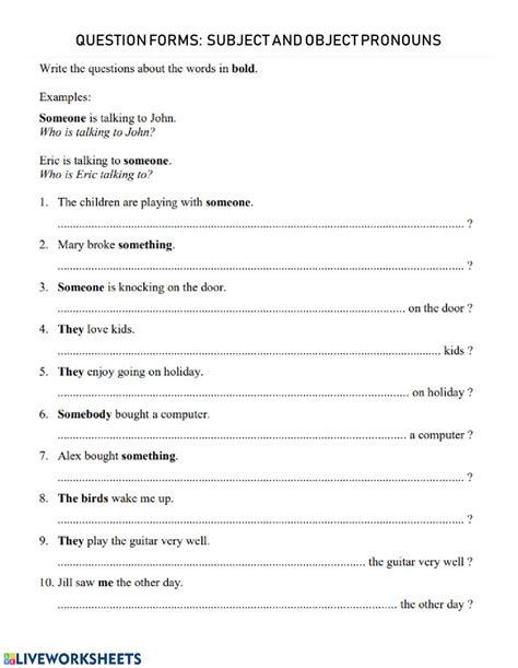 questions forms subject  object questions worksheet