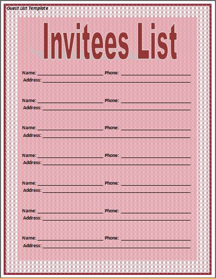 invitation list template excel word template