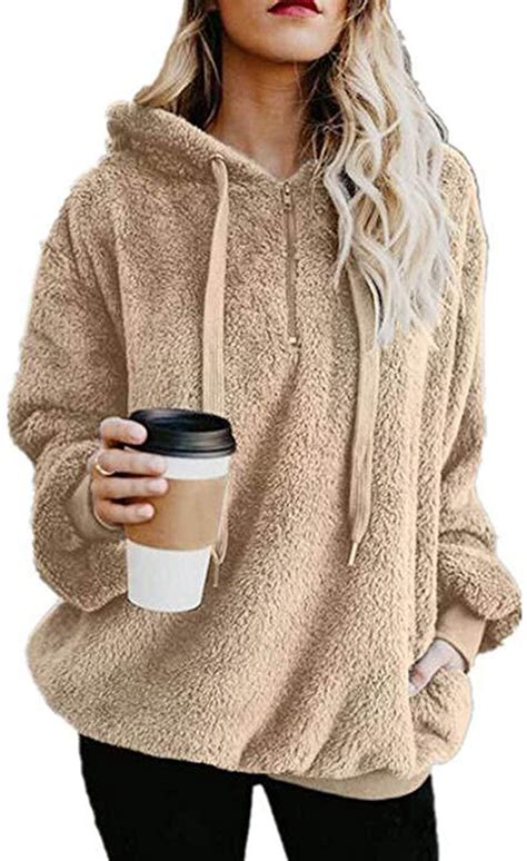 womens fuzzy long sleeve drawstring hoodies pullover zip fleece