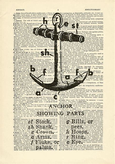 anchor parts diagram boat ship sailing sea printed  upcycled vintage dictionary paper