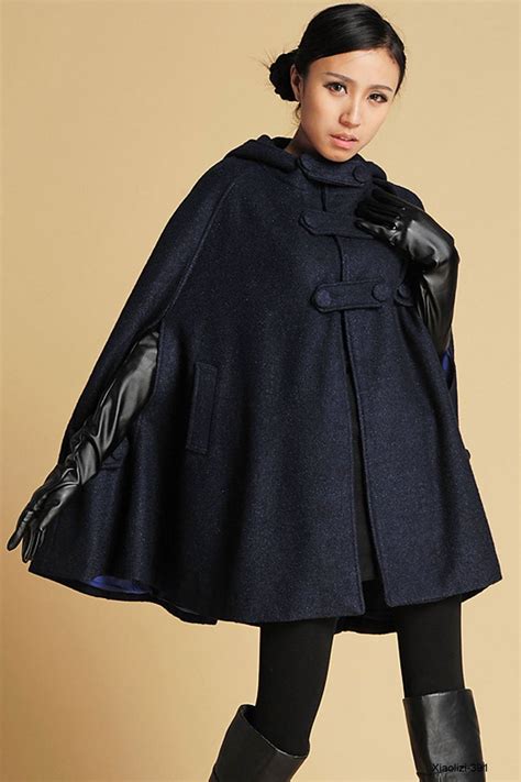 cape coat hooded cape navy cape wool cape coat womens etsy