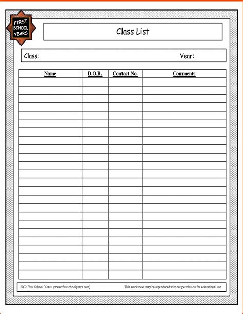 printable class roster template  printable templates