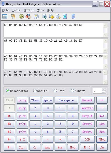 hpmbcalc hex calculator main window hexprobe system  programmable multiple precision hex