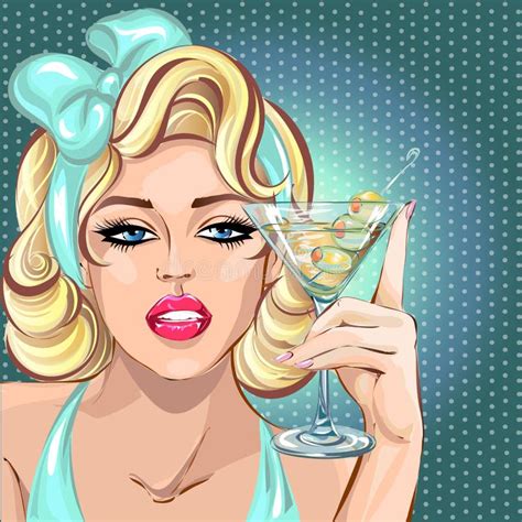 Pin Up Blonde Woman Drinking Martini Pop Art Girl Portrait Celebrate