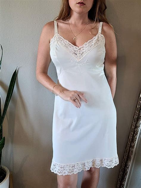 60s 70s Off White Lace Trim Slip Dress By Opalaire