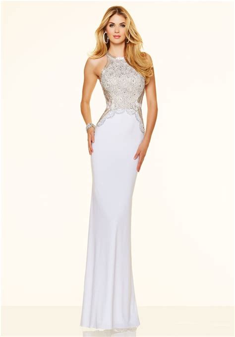 sexy slim backless long white beaded evening prom dress